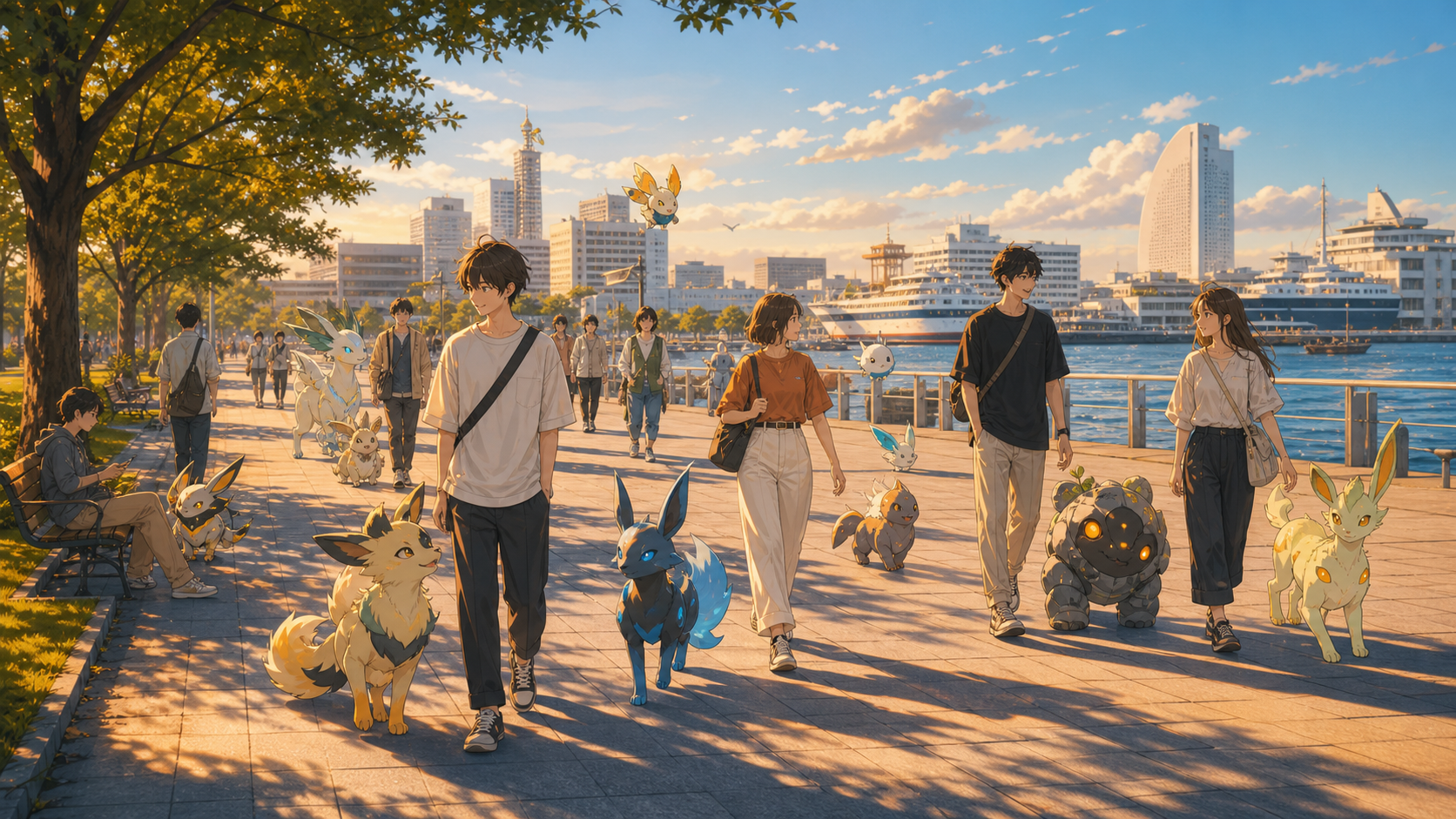 横浜の公園で若者とポケモンのような相棒が歩く未来